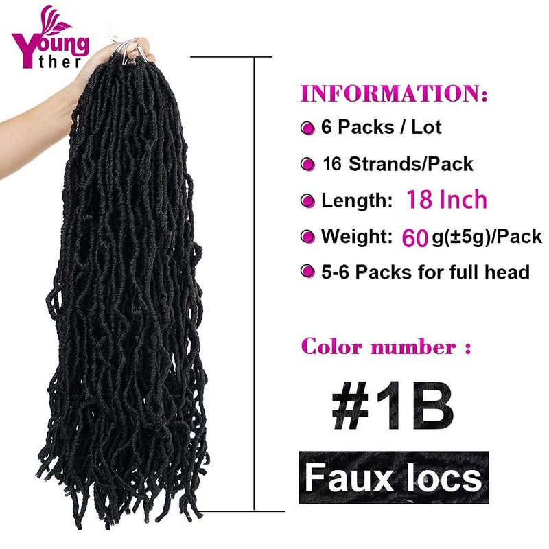 Youngther 18 inch New Faux Locs Crochet Hair Curly 6 Packs New Soft Locs Crochet Hair for Black Women Pre Looped Synthetic Goddess Locs Braiding Hair (18inch 6packs,1B#) - Image 2